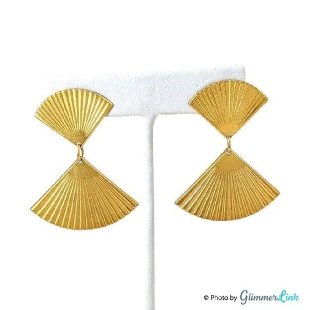 Art Deco Style Double Fan Ribbed Geometric Dangle Earrings